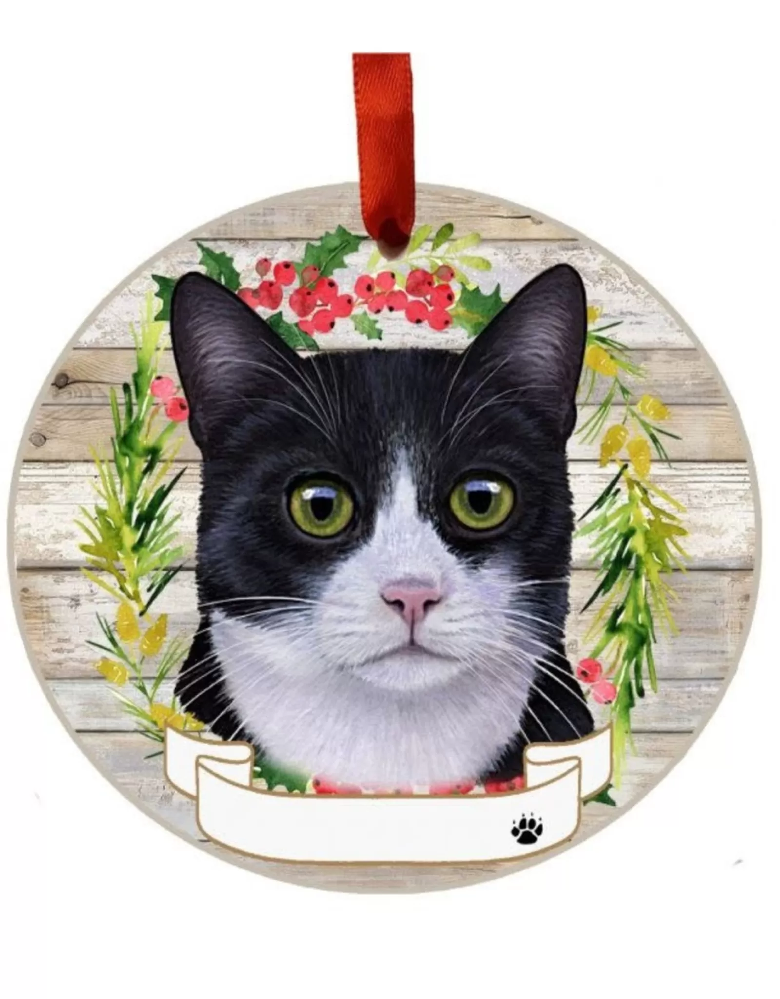 E&S Pets Personalizable>Black & White Cat Wreath Ornament