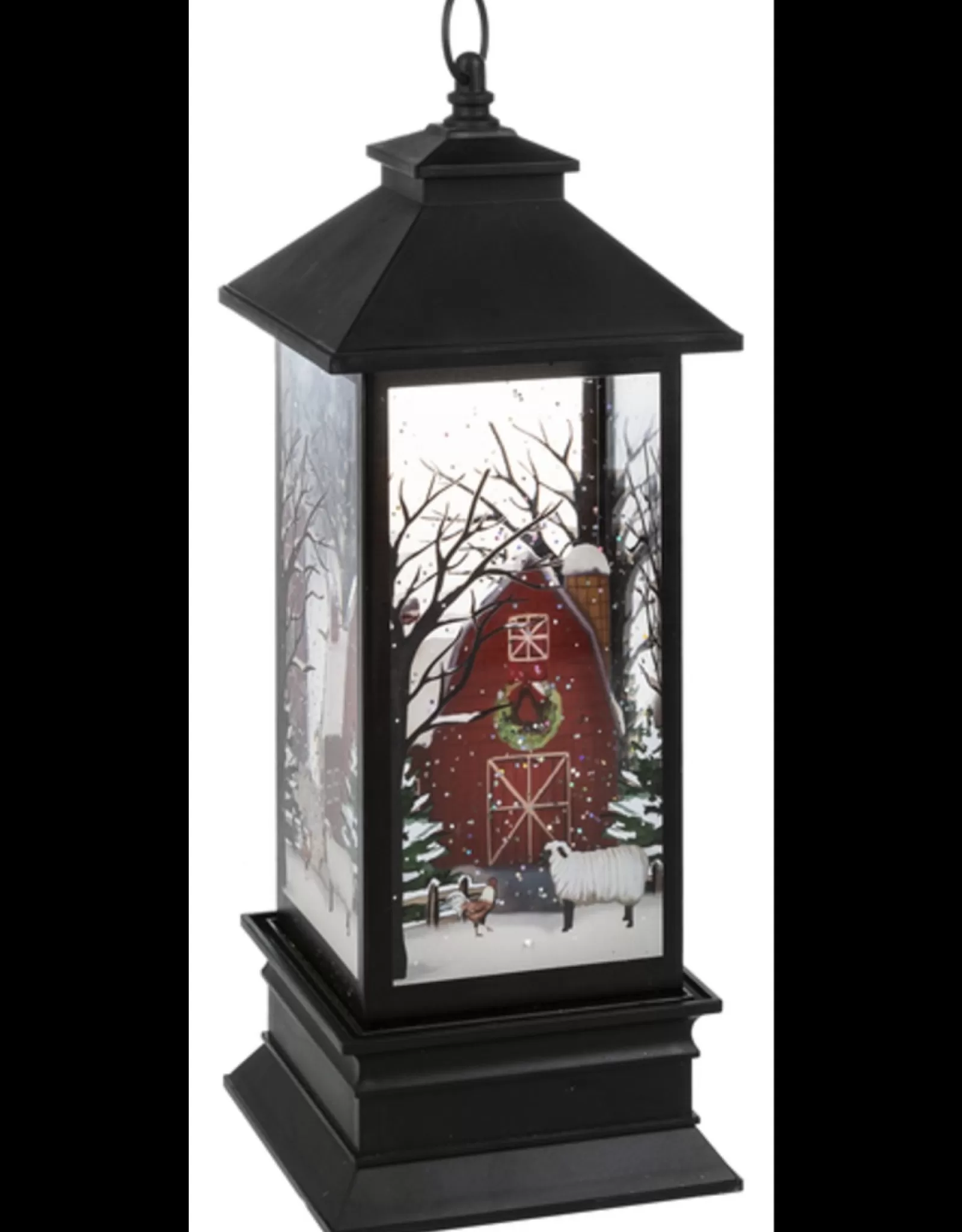 MW Snow Globes>Led Light Up Shimmer Farm Scene Lantern