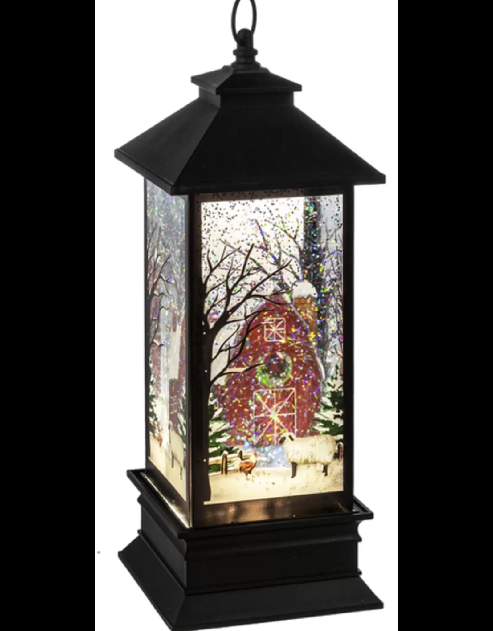 MW Snow Globes>Led Light Up Shimmer Farm Scene Lantern