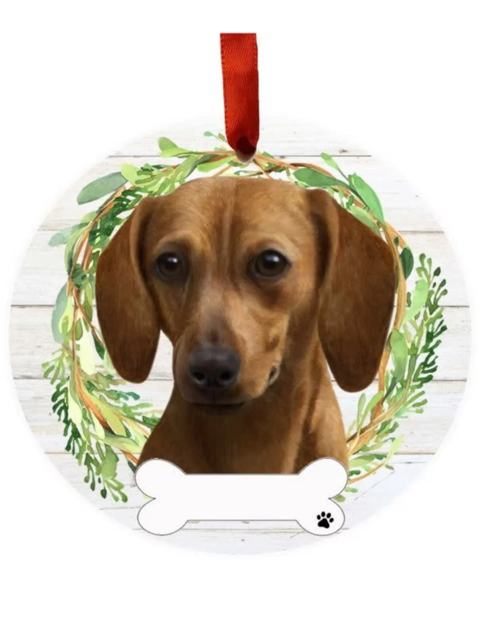 E&S Pets Personalizable>Red Dachshund Wreath Ornament