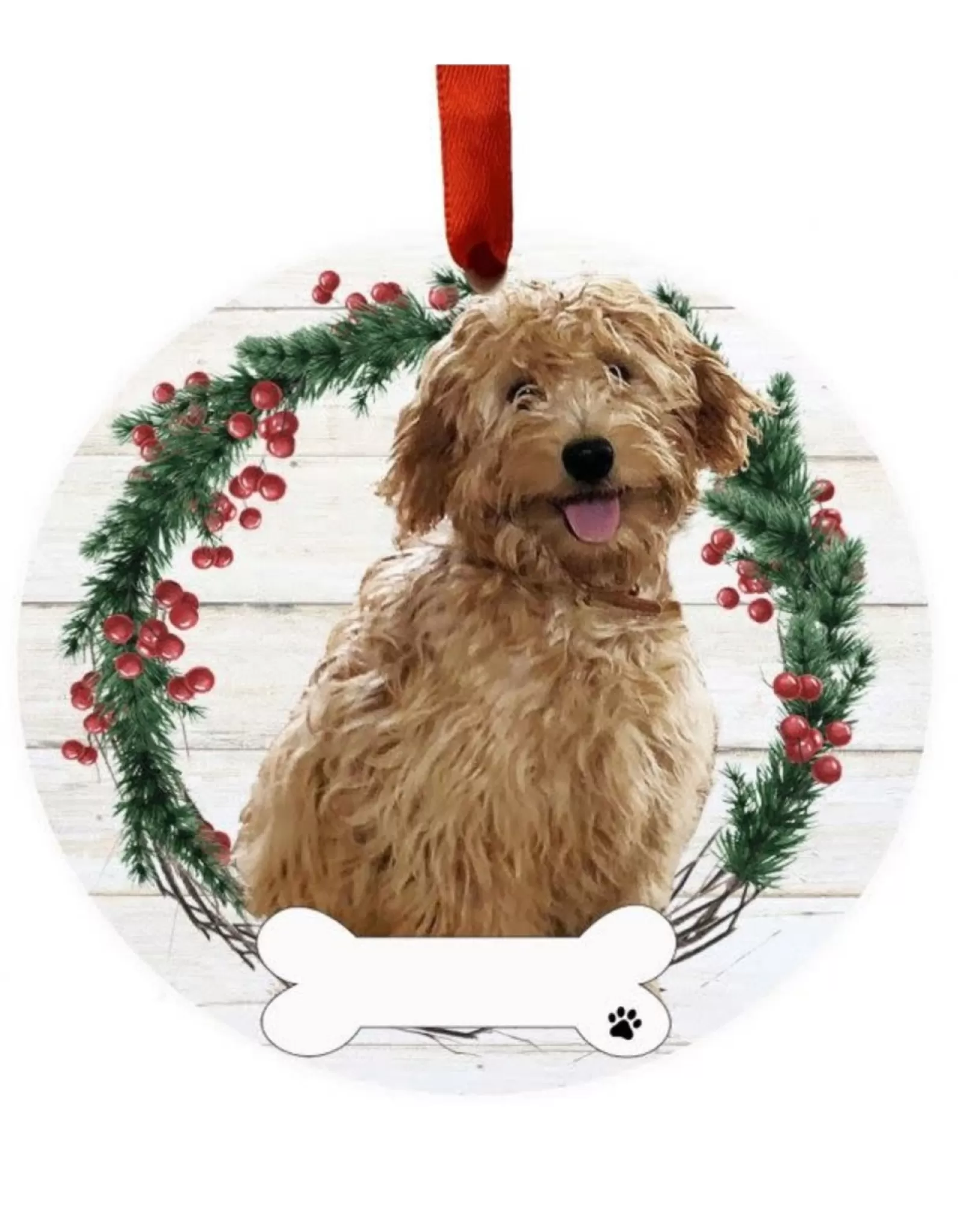 E&S Pets Personalizable>Rust Goldendoodle Full Body Wreath Ornament