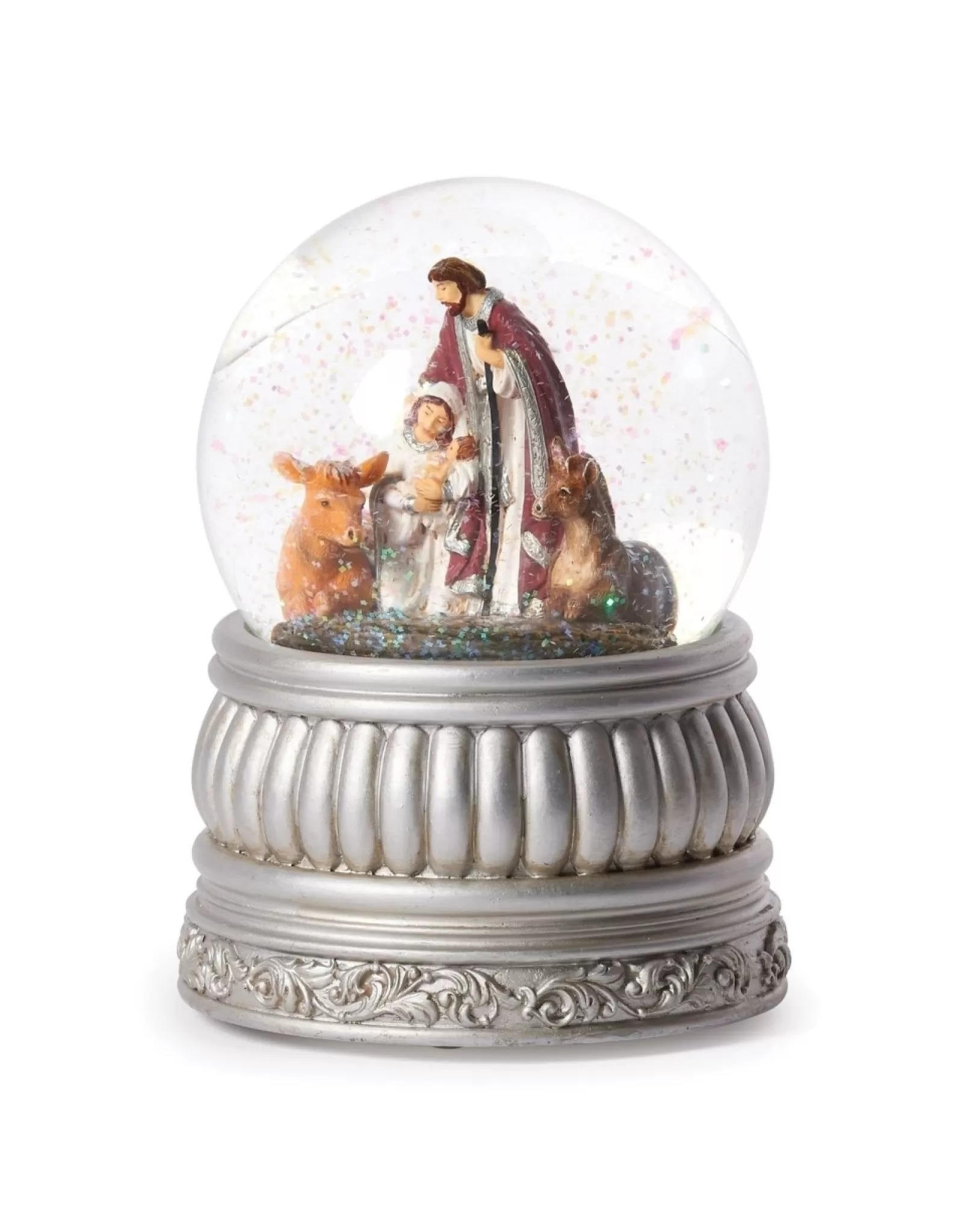 Roman Snow Globes>Silver Holy Family Snow Globe - Musical