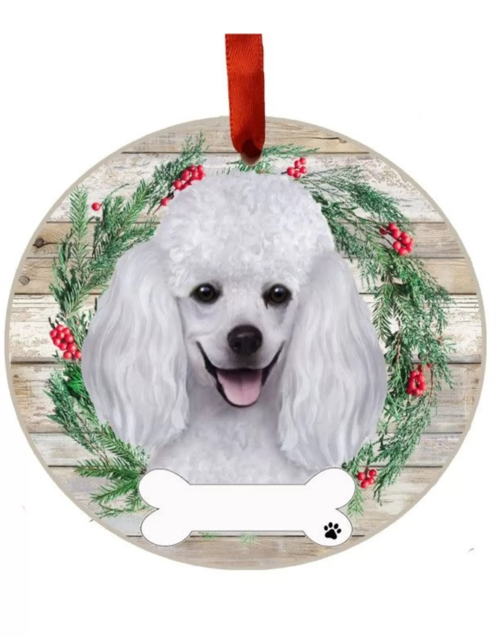 E&S Pets Personalizable>White Poodle Wreath Ornament